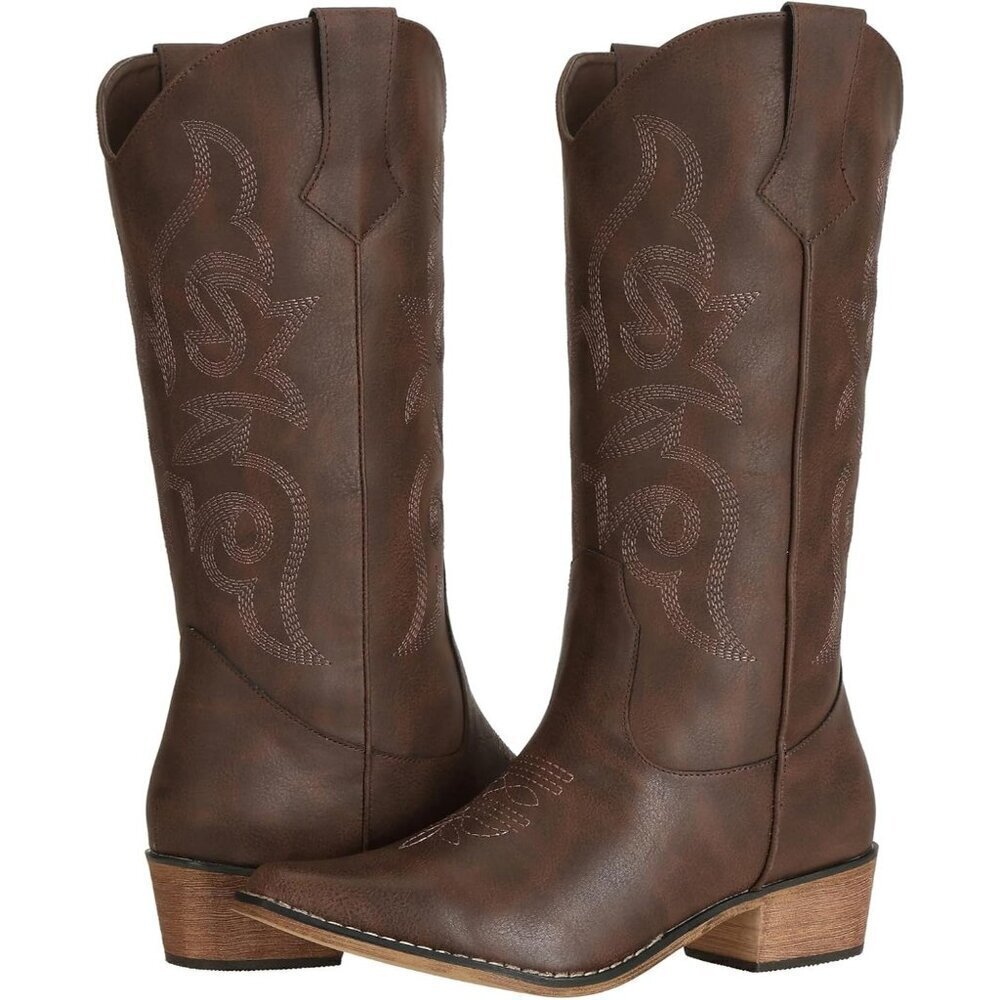 SheSole Western Boots Women Dark Brown Faux Leather Square Toe Wide Mid Calf - Picture 6 of 7